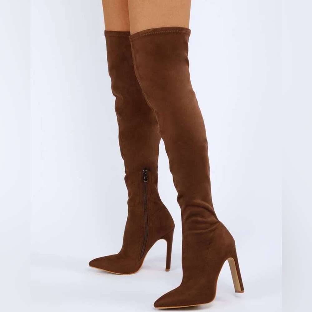 Faux suede thigh thigh, side zipper stiletto heeled sock boots.